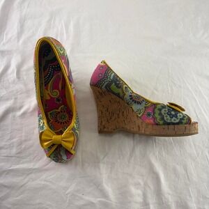 Paisley Print Platform Wedge Heels Sz 7.5 Retro Maximalist Y2k